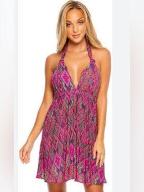 Luli Fama Pink Halter Deep Plunge Mini Dress